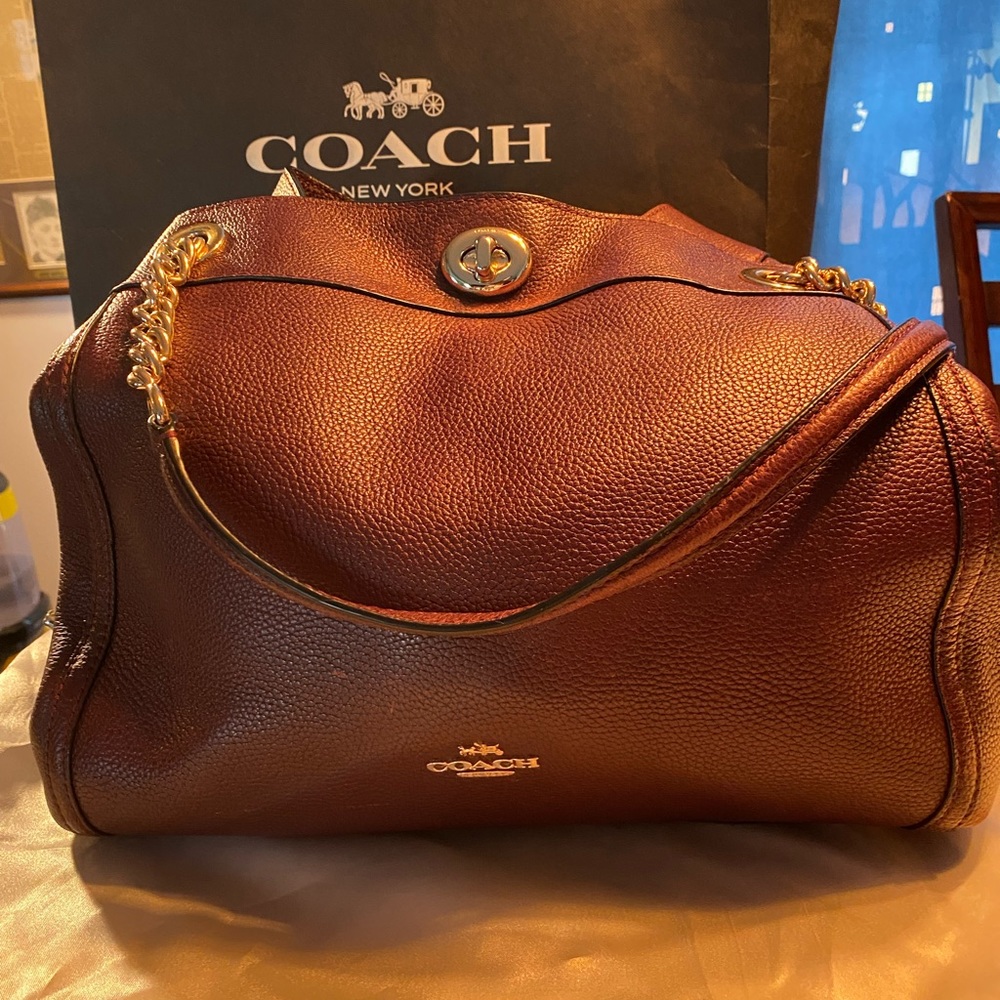 Coach Wine/dark purple leather purse yellow gold accents